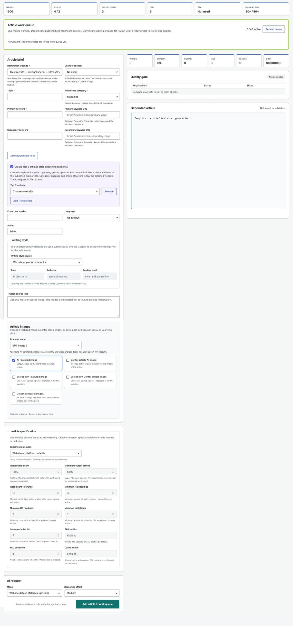 Vollständige SitePublisher AI Pro Single Article Bildschirm mit Ziel-Website, optionaler Client, Keyword Links, Tier 2 Artikel, Schreibstil und Erzeugung Einstellungen.