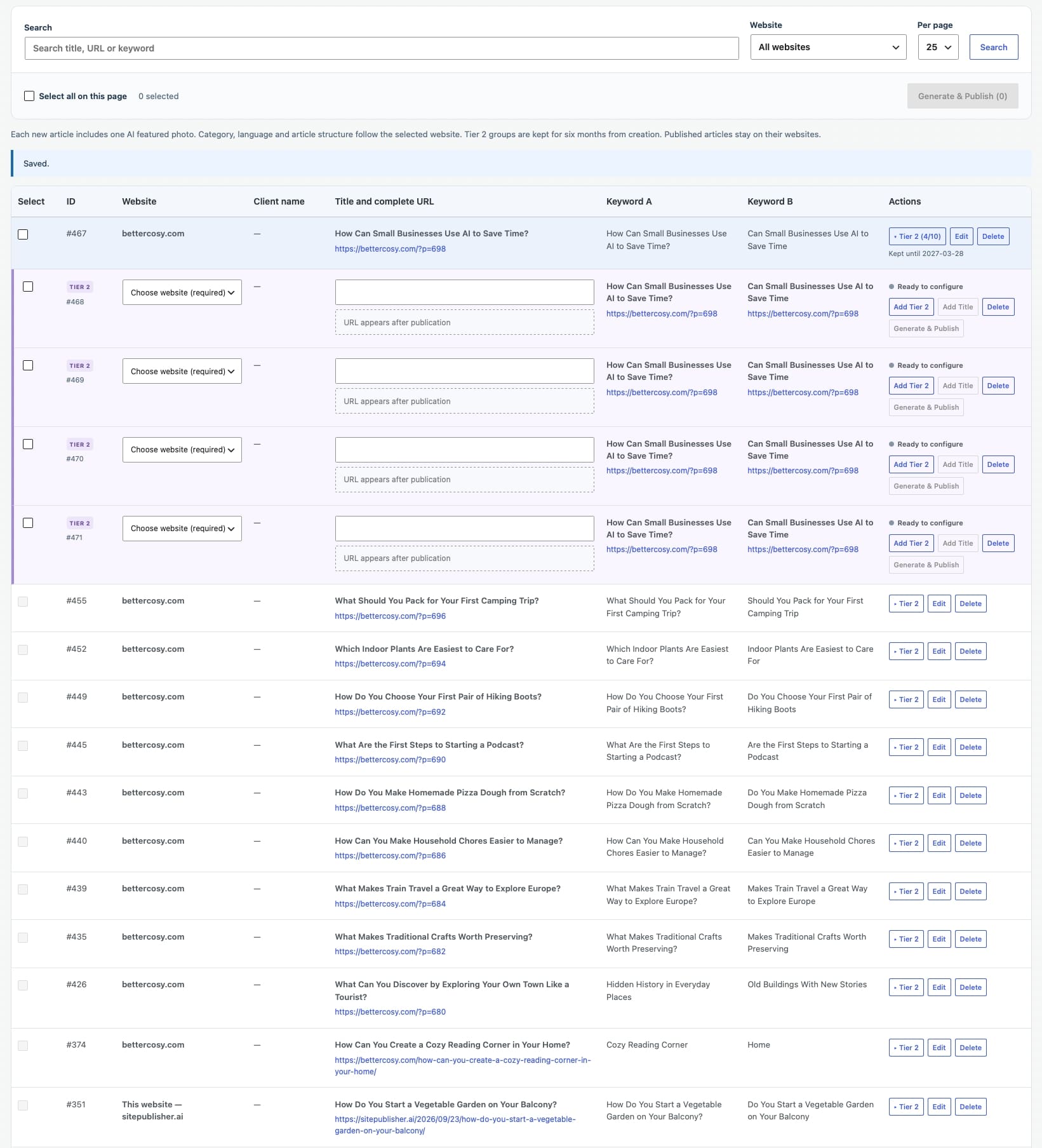 Vollständiger SitePublisher AI Pro Tier 2 Links Bildschirm mit dem Hauptartikel, erweiterte unterstützende Artikelzeilen, Ziel-Website-Auswahl und Publikationsaktionen.